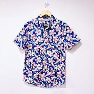 CITY LIFE Blue Red Floral Cotton Hawaiian Button Down Shirt | Small *
